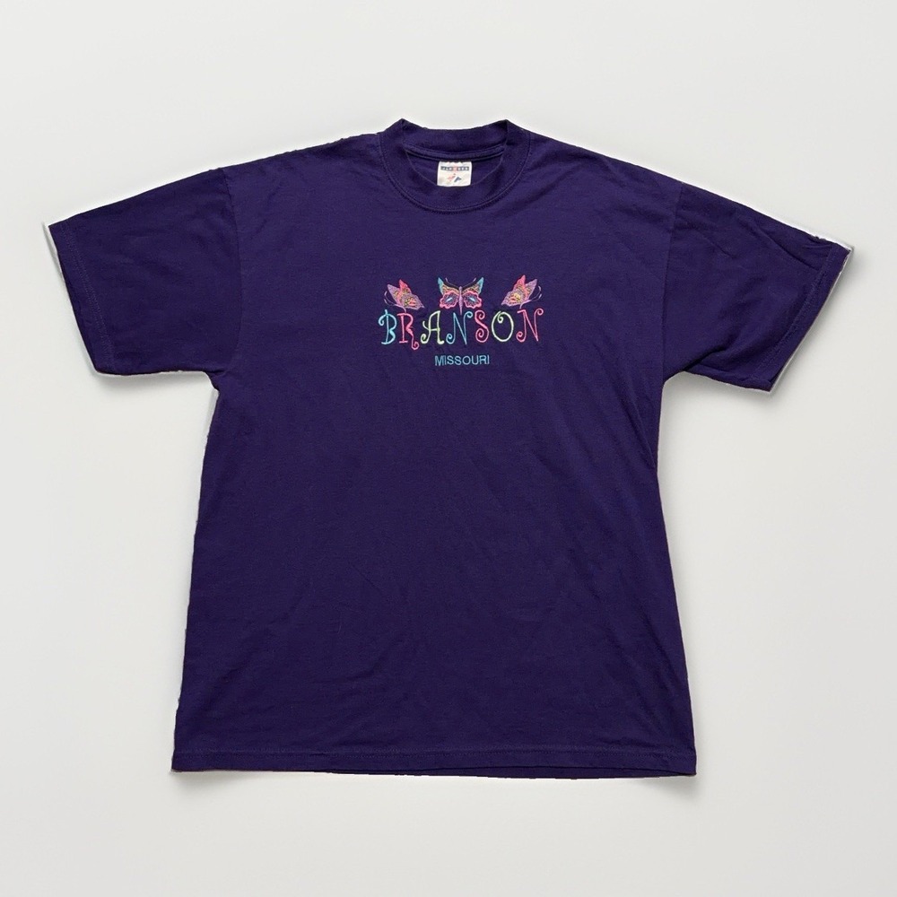 Jerzees Branson Missouri Mens L Purple Butterfly Embroidered Vintage Y2K T Shirt